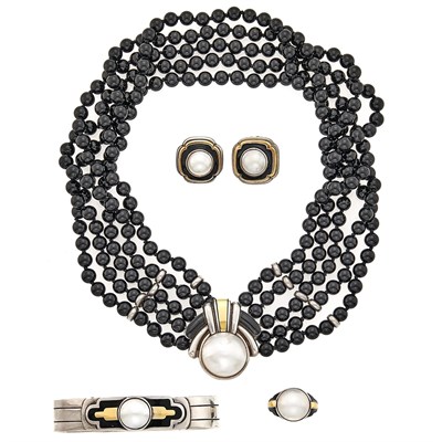 Lot 1226 - Cartier Five Strand Black Onyx Bead, Silver, Gold, Black Enamel and Mabé Pearl Necklace, Bangle Bracelet, Ring and Pair of Earclips