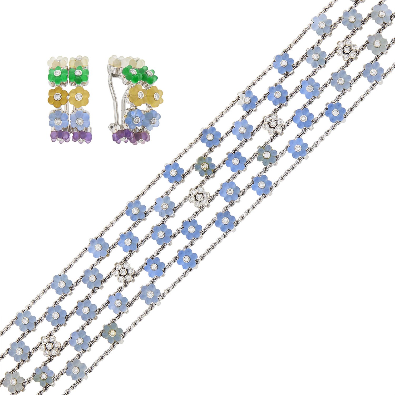 Lot 89 - Aaron Basha Six Strand White Gold, Carved Multicolored Frosted Crystal and Diamond Bracelet and Pair of Half-Hoop Earclips