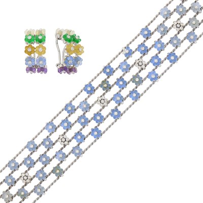 Lot 89 - Aaron Basha Six Strand White Gold, Carved Multicolored Frosted Crystal and Diamond Bracelet and Pair of Half-Hoop Earclips