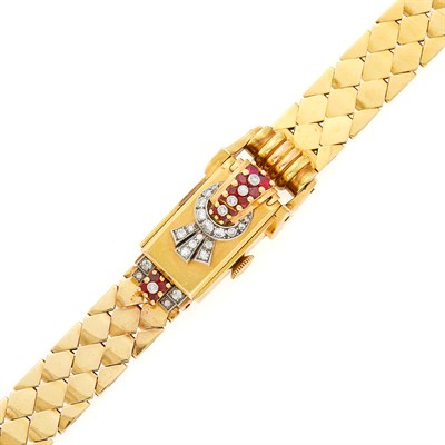 Lot 1200 - Gold, Platinum, Ruby and Diamond Bracelet-Watch