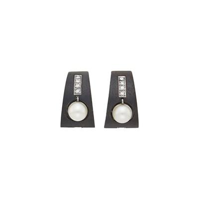 Lot 201 - Attributed to Marsh Pair of Oxidized Steel, White Gold, Cultured Pearl and Diamond Hoop Earclips