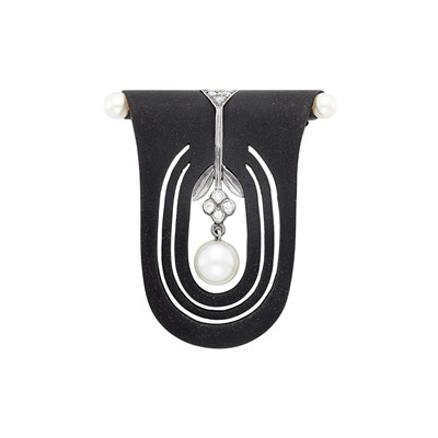 Lot 200 - Attributed to Marsh Oxidized Steel, Silver, Cultured Pearl and Diamond Brooch