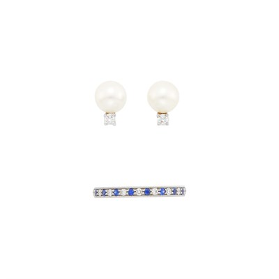 Lot 1127 - Tiffany & Co. Pair of White Gold, Cultured Pearl and Diamond Earrings and Platinum, Sapphire and Diamond Band Ring