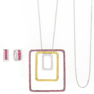 Lot 1140 - White Gold, Gem-Set and Diamond Pendant-Necklace, Pair of Ruby and Diamond Earclips and Long Chain Necklace