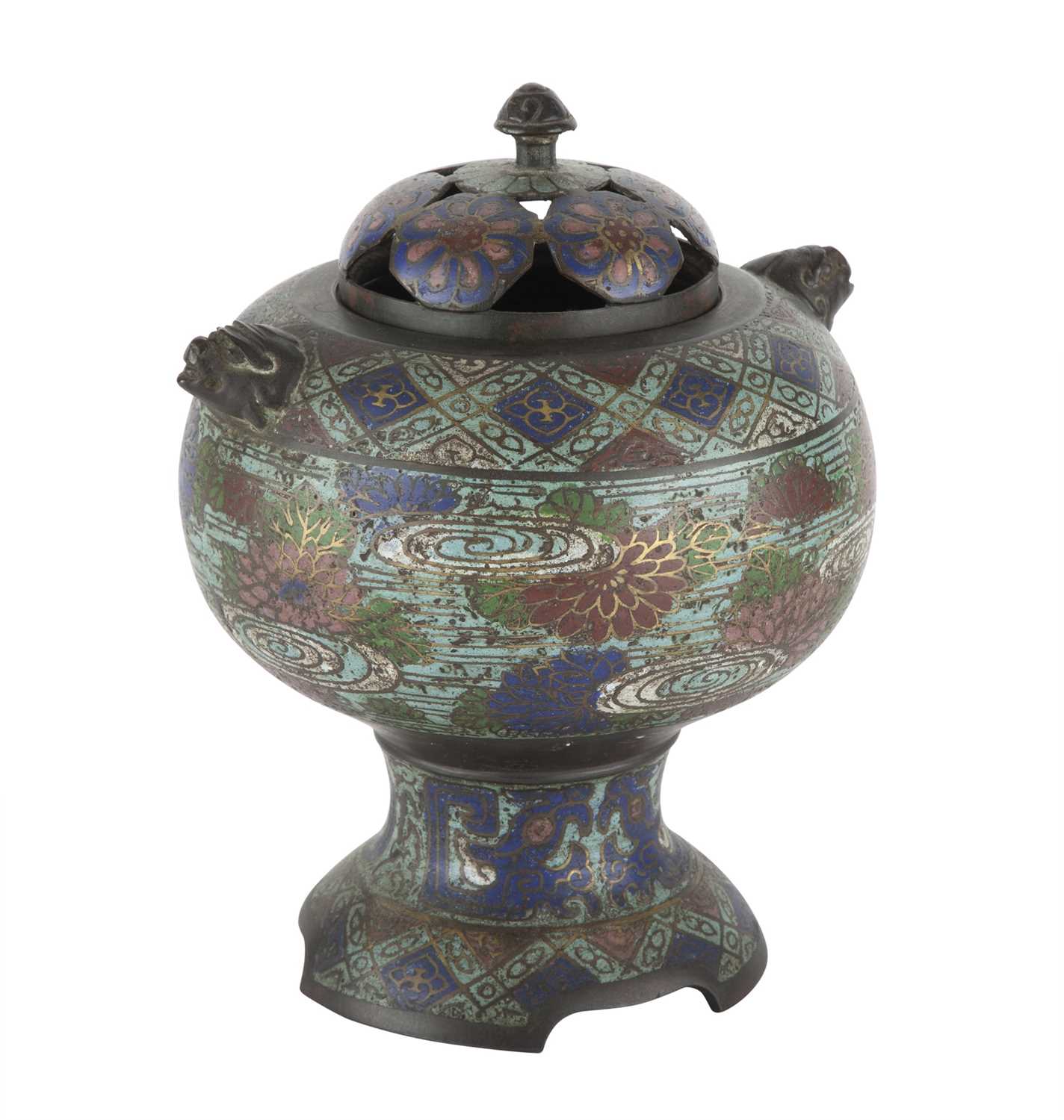Lot 115 - A Japanese Champleve Enamel and Bronze Footed Koro and Cover