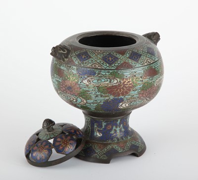 Lot 115 - A Japanese Champleve Enamel and Bronze Footed Koro and Cover