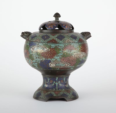 Lot 115 - A Japanese Champleve Enamel and Bronze Footed Koro and Cover