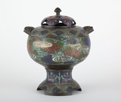 Lot 115 - A Japanese Champleve Enamel and Bronze Footed Koro and Cover