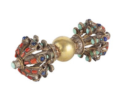 Lot 91 - Tibetan Hardstone-Inset Gilt Copper Vajra
