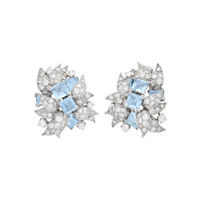 Lot 161 - Pair of Platinum, Aquamarine and Diamond Earclips