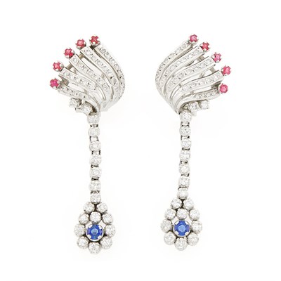Lot 1146 - Pair of White Gold, Diamond, Ruby and Sapphire Pendant-Earrings