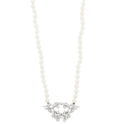 Lot 1145 - Cultured Pearl, Platinum and Diamond Necklace