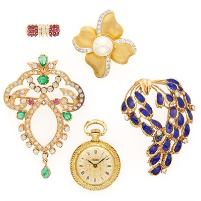 Lot 1252 - Three Gold, Diamond, Gem-Set, Mabé Pearl and Enamel Brooches, Ruby and Diamond Ring and Open Face Pocket Watch