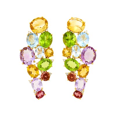 Lot 2 - Pair of Gold, Colored Stone and Diamond Cascade Cluster Earclips