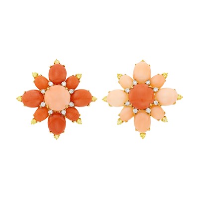 Lot 147 - Pair of Gold, Bicolor Coral, Yellow Sapphire and Diamond Flower Earclips
