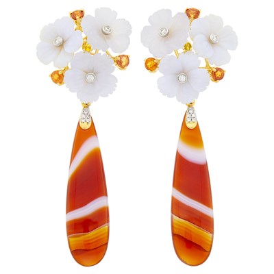 Lot 65 - Pair of Gold, Carved Chalcedony, Colored Sapphire, Banded Carnelian and Diamond Pendant-Earclips