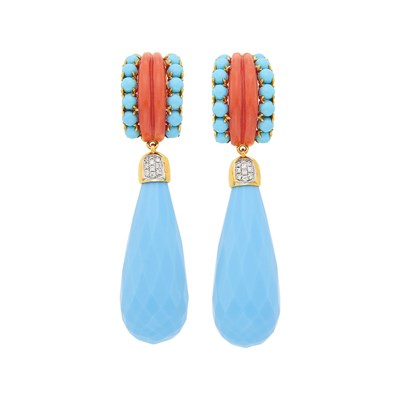 Lot 8 - Pair of Gold, Reconstituted Turquoise, Turquoise, Coral and Diamond Pendant-Earclips