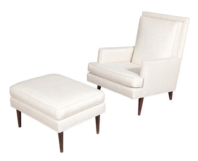 Lot 346 - Milo Baughman Upholstered Dark Stained Wood Highback Armchair and Ottoman