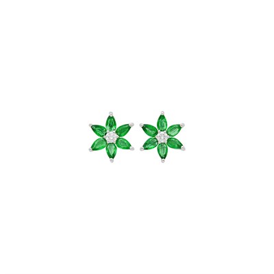 Lot 28 - Pair of Platinum, Diamond and Emerald Flower Earrings