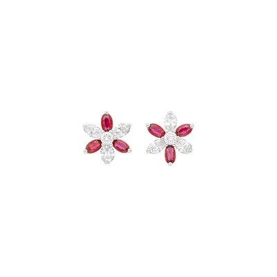 Lot 76 - Pair of Platinum, Diamond and Ruby Earrings