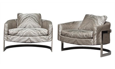 Lot 318 - Pair of Milo Baughman Chromed Metal and Upholstered Barrel Chairs