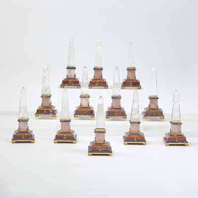Lot 82 - A Cased Set of Twelve Continental Quartz and Lapis Obelisk Form Place Card Holders
