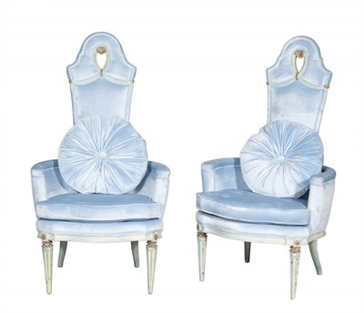 Lot 138 - Pair of Hollywood Regency Style Painted Wood Tall-Back Armchairs