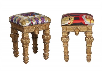 Lot 257 - Pair of Louis XIV Style Hermes Scarf Upholstered Giltwood Stools