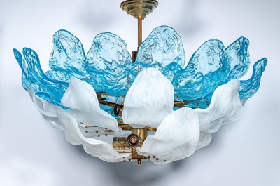 Lot 239 - Murano Style Blue and White Glass and Brass Chandelier