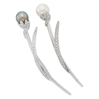 Lot 36 - Pair of White Gold, South Sea and Tahitian Gray Cultured Pearl and Diamond Flower Brooches