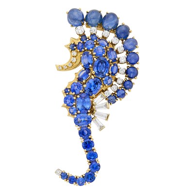 Lot 142 - Seaman Schepps Gold, Sapphire, Cabochon Sapphire and Diamond Seahorse Clip-Brooch