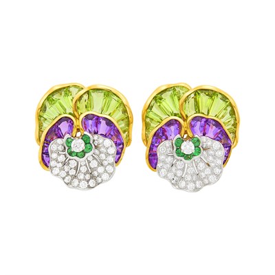 Lot 8 - Oscar Heyman & Brothers Pair of Gold, Platinum, Diamond, Green Garnet, Peridot and Amethyst Pansy Earclips
