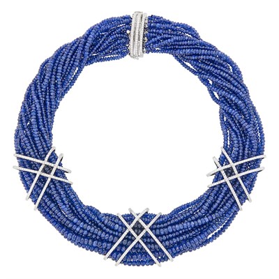 Lot 101 - Multistrand Sapphire Bead, White Gold and Diamond Torsade Necklace