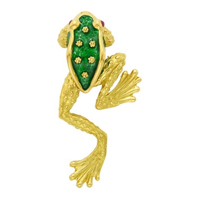 Lot 36 - Boris LeBeau Gold, Green Enamel and Cabochon Ruby Frog Brooch