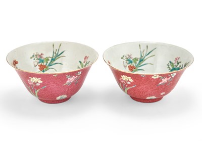 Lot 409 - A Pair of Chinese Ruby Ground Sgraffiato Porcelain Bowls