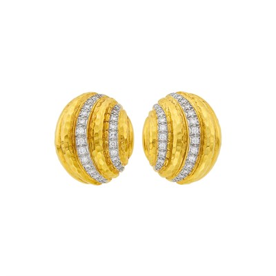Lot 148 - Andrew Clunn Pair of Hammered Gold, Platinum and Diamond Earclips
