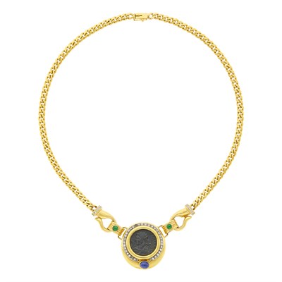 Lot 140 - Gold, Bronze Coin, Diamond and Cabochon Colored Stone Curb Link Chain Necklace