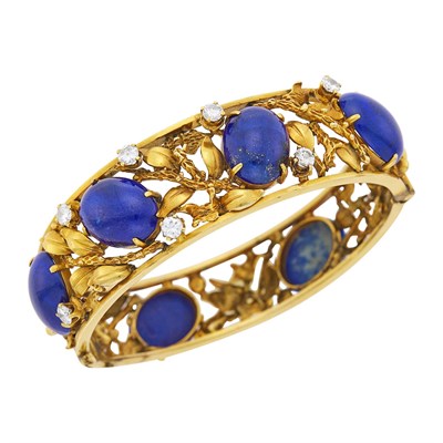 Lot 82 - Gold, Lapis and Diamond Bangle Bracelet