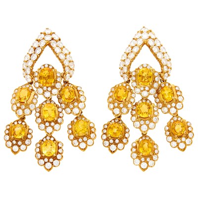 Lot 137 - Pair of Gold, Yellow Sapphire and Diamond Girandole Earclips