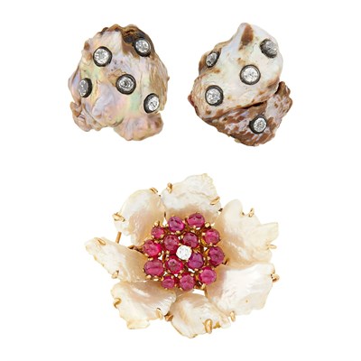 Lot 1135 - Pair of Baroque Freshwater Pearl, Silver, Gold and Diamond Earrings and Cabochon Ruby Brooch