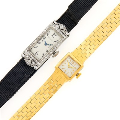 Lot 1108 - Tiffany & Co. Gold Wristwatch and Platinum and Diamond Wristwatch