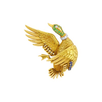 Lot 42 - Hermès Paris Gold, Platinum Diamond, Emerald and Sapphire Goose Clip-Brooch