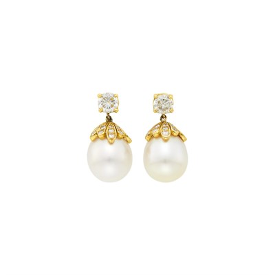Lot 12 - Pair of Gold, South Sea Cultured Pearl and Diamond Pendant-Earrings