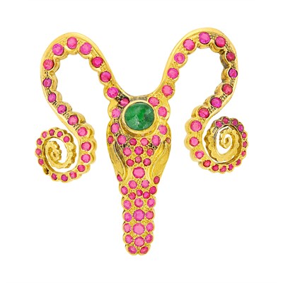 Lot 26 - Ilias Lalaounis, Zolotas Gold, Cabochon Emerald and Ruby Ram's Head Brooch