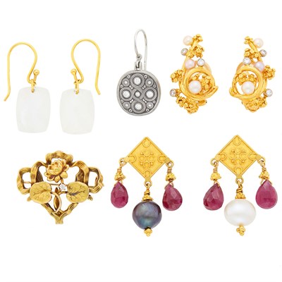 Lot 2171 - Gilbert Albert Pair of Gold, Cultured Pearl and Diamond Earrings and Gold, Low Karat Gold, Platinum and Gem-Set Jewelry