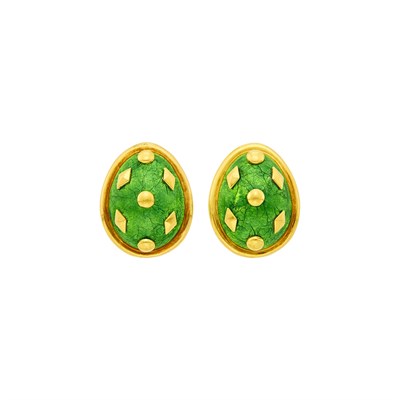 Lot 141 - Tiffany & Co., Schlumberger Pair of Gold and Green Paillonné
Enamel 'Lozenge' Earclips