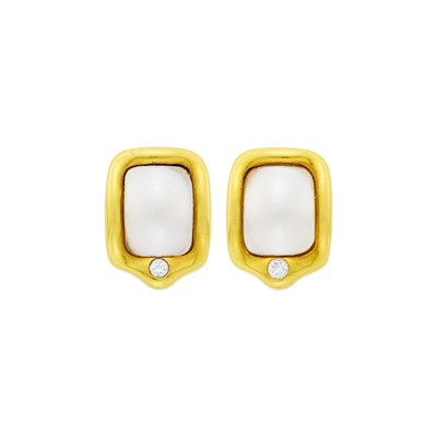 Lot 13 - Marlene Stowe Pair of Gold, Mabé Pearl and Diamond Earclips