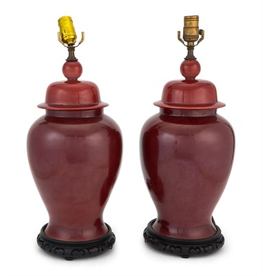 Lot 287 - Pair of Chinese Style Porcelain Oxblood Glazed Covered Jar-Form Lamps