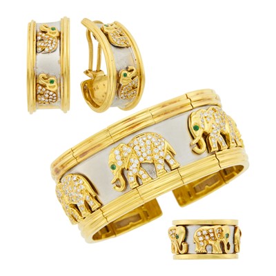 Lot 29 - Two-Color Gold, Diamond and Emerald Elephant Cuff Bangle Bracelet, Pair of Hoop Earclips and Band Ring