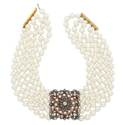 Lot 1150 - Five Strand Cultured Pearl, Silver, Gold and Diamond Choker Necklace